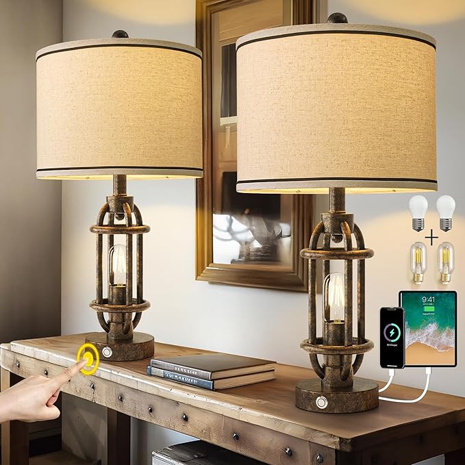 23.75'' Table Lamps Set of 2 for Living Room Bedroom Industrial Farmhouse Metal Touch Lamps with USB A+C Ports, Night Light Vintage Nightstand Bedside Lamp, Bulbs Included, Bronze