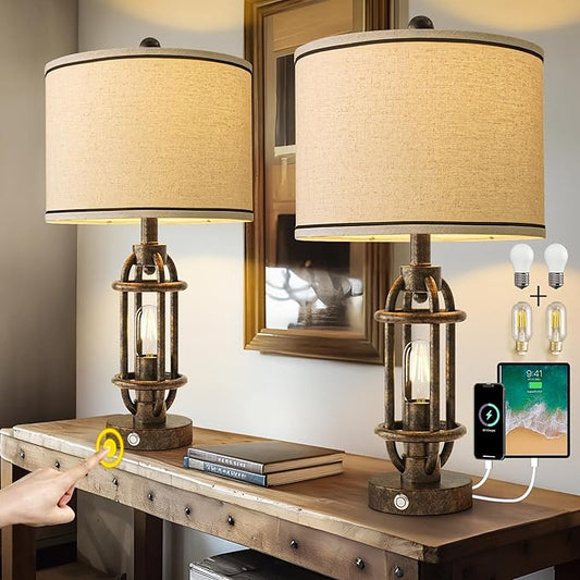 23.75'' Table Lamps Set of 2 for Living Room Bedroom Industrial Farmhouse Metal Touch Lamps with USB A+C Ports, Night Light Vintage Nightstand Bedside Lamp, Bulbs Included, Bronze