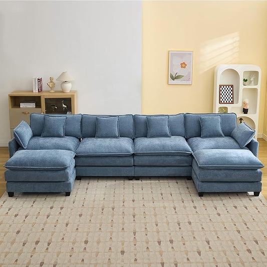 147'' Sectional Cloud Deep Seat Couch, Oversized Chenille U Shaped Sectional Sofa for Living Room Set, Comfy Upholstered Modular Sectional Sofa Couch with 2 Movable Ottoman, Blue