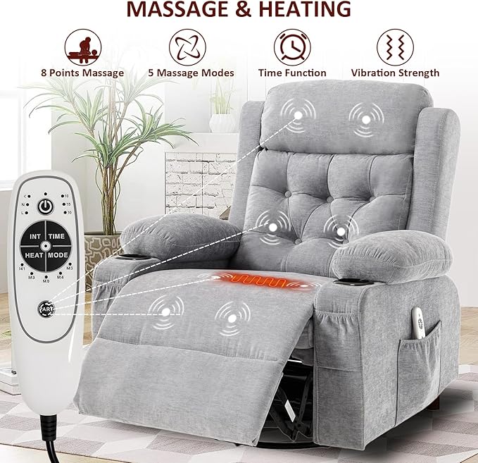 Overstuffed Rocker Recliner Chair with Massage and Heat, Mid Century Ergonomic Rocking Swivel Recliners Lounge Chair for Living Room, Manual Recliner Sofa Chairs with 2 Cup Holders, USB