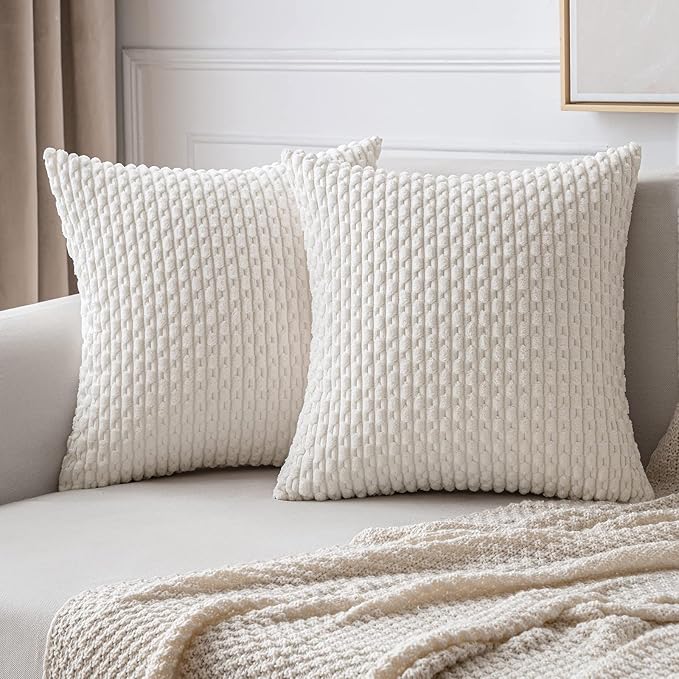 MIULEE Throw Pillow Covers Soft Corduroy Decorative Eruo Sham Set of 2 Boho Striped Pillow Covers Pillowcases Farmhouse Home Decor for Couch Bed Sofa Living Room 24x24 Inch Pure White
