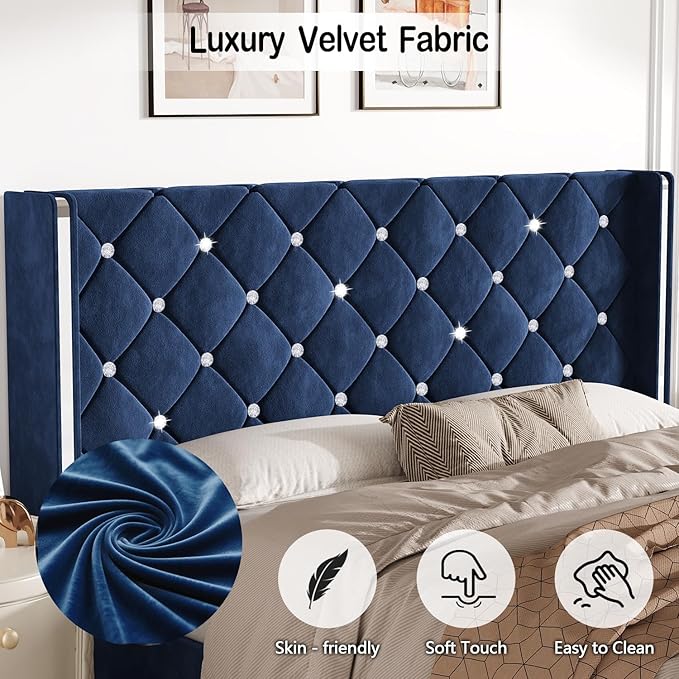 HOMBCK Twin Bed Frames, Upholstered Platform Bed with Diamond Tufted Headboard, Modern Velvet Bed Frame with Wingback Design, No Box Spring Needed, Easy Assembly, Blue
