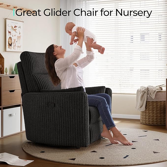 LINSY 360 Swivel Recliner Chair - Corduroy Nursery Glider Rocking Chair with 2 Pillows, Comfy High Back Adult Recliner for Small Spaces, Nursery Bedroom Living Room Reclining (Black)