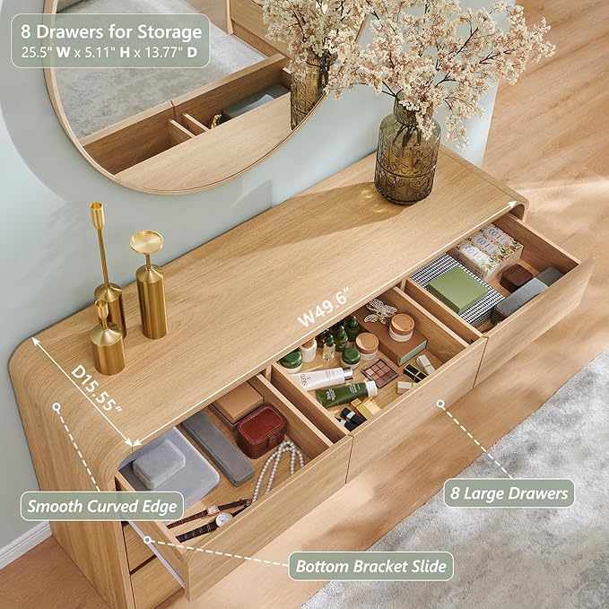 Modern 8 Drawers Dresser for Bedroom, 55" Wide Dressers & Chest of Drawers w/Curved Profile Design, Wood Mid Century Storage Dressers Organizer for Bedroom, Living Room, Natural Oak