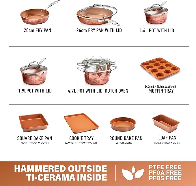 Gotham Steel Hammered 15 Pc Ceramic Cookware Set Nonstick, Deep Copper Pots and Pans Set Non Stick with Bakeware & Deep Fry Pan, Non Toxic PFOA PFOS Free, Induction Oven and Dishwasher Safe