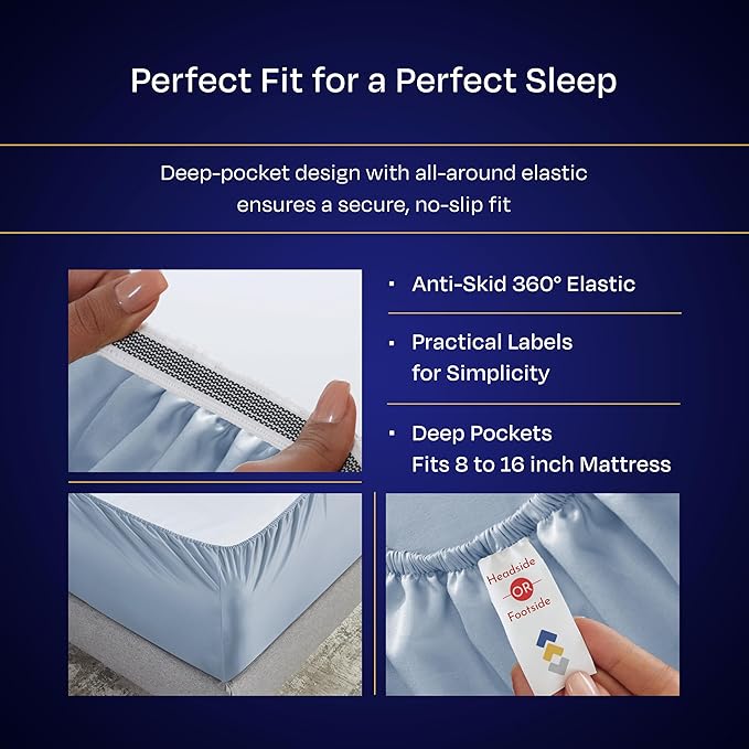 California Design Den Bed Sheets Queen Size Set - Luxury 1000 Thread Count Sateen, Thick and Natural 100% Cotton Bed Sheet, Deep Pockets, Soft, Breathable and Durable Bedding Set - Blue