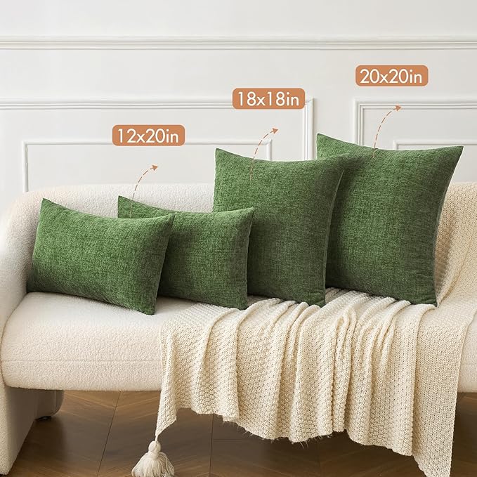 MIULEE Pack of 2 Couch Throw Pillow Covers 12x20Inch Soft Moss Green Spring Chenille Pillow Covers for Sofa Living Room Solid Dyed Pillow Cases