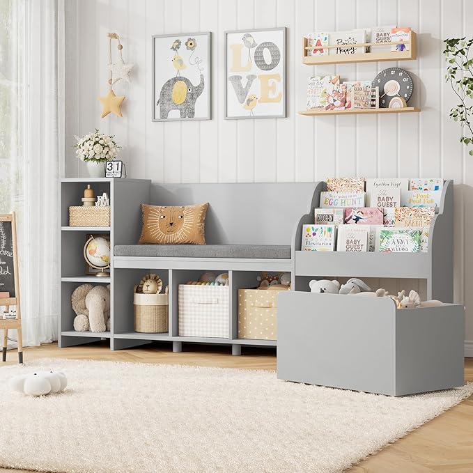 HOSTACK 67" Kids Reading Nook with Bench, Kids Bookshelf and Bookcase with Seat Cushion and 6 Storage Cubbies, Toy Storage Box on Wheels, Toy Chest for Playroom, Bedroom, School, Grey