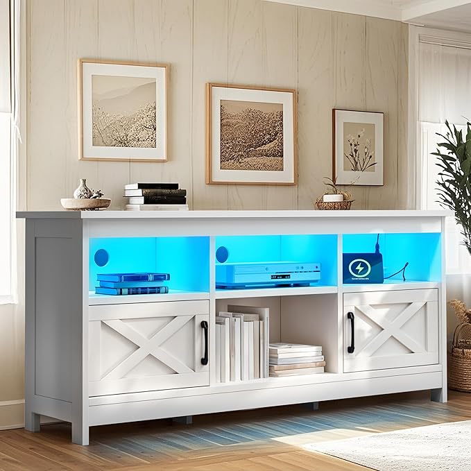 YITAHOME TV Stand for 65 Inch TVs, Entertainment Center with Storage Cabinets, Power Outlet & LED Light, Media Console Living Room Furniture, White