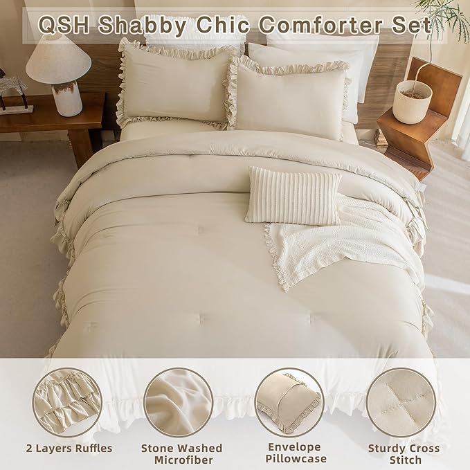 QSH Shabby Ruffled Comforter Queen Size, Farmhouse Wheat Bedding Comforter Set, 3 Pieces Lightweight Vintage Rustic Soft Comforter Queen for Bed, All Season Microfiber Fully Bedding Sets