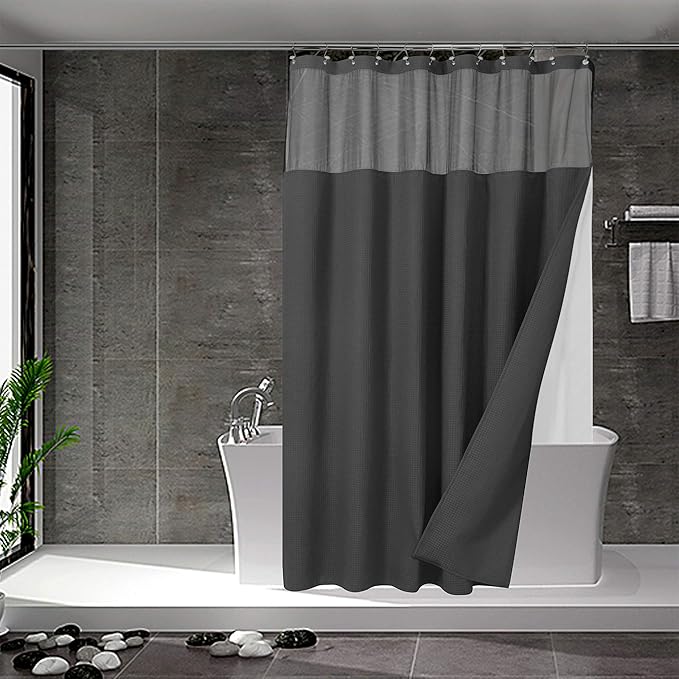 N&Y HOME Waffle Weave Shower Curtain with Snap-in Fabric Liner Set, 12 Hooks Included - Hotel Style, Water-Repellent & Washable, Heavyweight Fabric & Mesh Top Window - 71x72, Graphite Gray