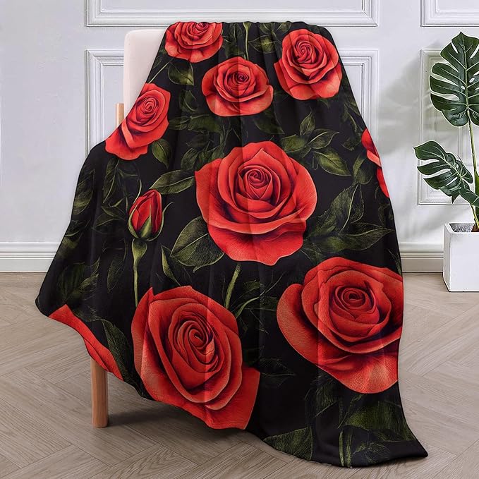 Red Roses Flannel Blanket, Floral Gifts, Floral-Themed Blanket for Women, Soft Lightweight Throw Blankets for Bed Home Travel Decor 50" x 60"