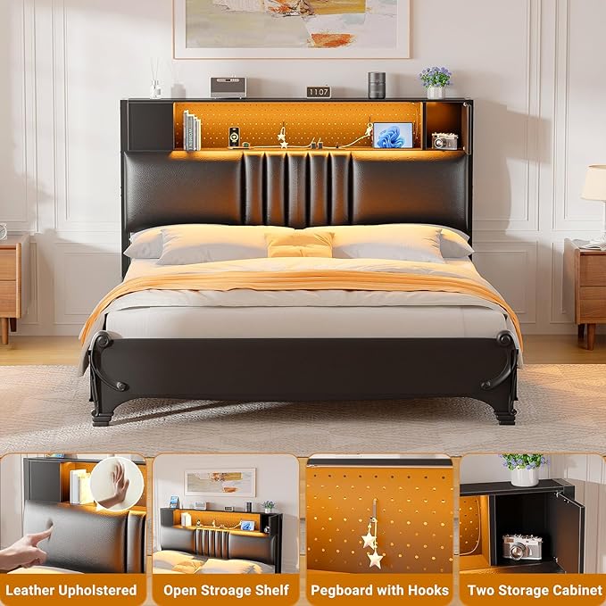 Unikito Headboard for Twin Size Bed with Storage and Cabinet, Black Upholstered Headboards with Outlets, USB Ports, and DIY Color of LED Light, Twin Head Board Only, Comfortable Headboard, Black
