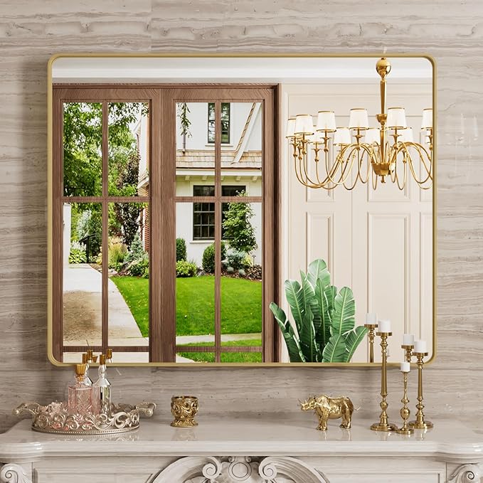 Gold Bathroom Mirror, 40x32 Inch Brushed Gold Metal Frame Mirror for Wall, Rounded Rectangle Bathroom Vanity Mirror, Tempered Glass, Anti-Rust, Horizontal/Vertical