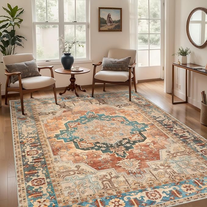 Tangsoo 4x6 Washable Rug Vintage Non Slip Indoor, Distressed Carpet for Living Room, Dining Room, Soft Low Pile Rugs Foldable Floor for Bedroom Dorm Bedside Bathroom Rusty Orange