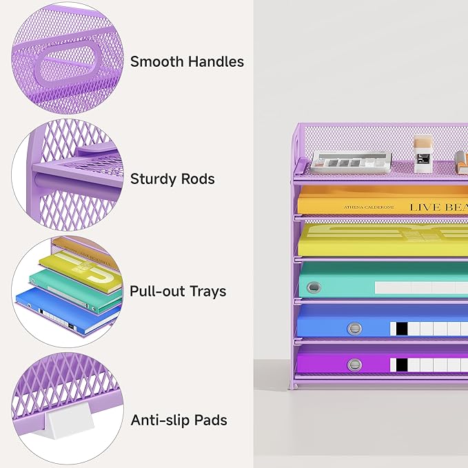 6 Tier Paper Organizer with Handle, Metal Desk Organizer Mesh Paper Letter Tray Desktop File Folder Document Sorter for Classroom, School, Office Accessories Organization and Storage - Purple