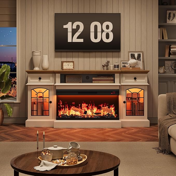 QUW 70" Farmhouse Fireplace TV Stand for TVs up to 80", Entertainment Center with 36" 3-Side Glass Electric Fireplace with Open Shelf and Cabinet, TV Console for Living Room, Antique White