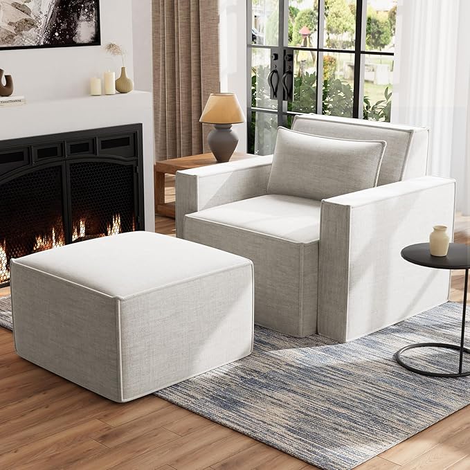 ELUCHANG Oversized Accent Chair with Ottoman,Modern Boucle Sofa Chair with Strong Wood Frame,High Supportive & Soft Sponges Comfy Upholstered Armchair Reading Chairs for Apartment,Oatmeal