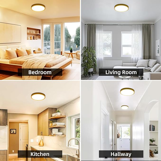hykolity 12 Inch Selectable CCT LED Round Flat Panel Light, 24W 3000K/4000K/5000K, Edge-Lit Flush Mount Ceiling Light Fixture for Kitchen, Bedroom, Laundry and Closet Room，Gold