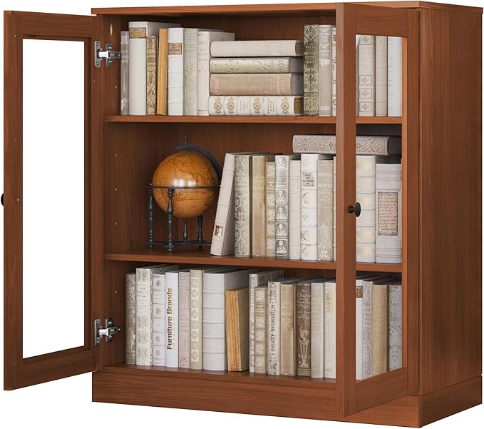 Palace Imports Solid Wood Bookcase - Floor Standing Bookshelf - 32” W - Display Furniture, Renewable 100% Eco-Friendly Wood, Made in Brazil (Mocha, Clear Glass Doors | 3-Shelf Short Bookcase)