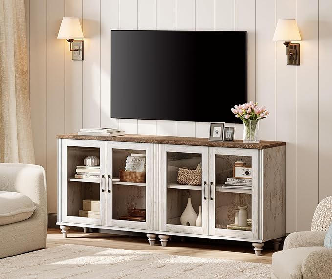 WAMPAT Farmhouse TV Stand for TVs Up to 75 inch, Glass Wooden Universal TV Stand with 2 Storage Cabinets, Entertainment Center, Console Table for Living Room, Bedroom, Rustic White