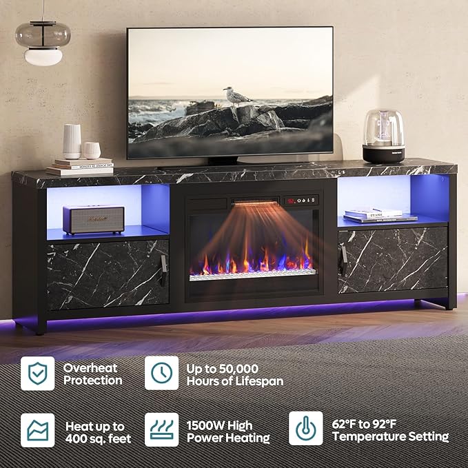 Bestier 70" Electric Fireplace TV Stand for TVs Up to 75", Modern Entertainment Center with Storage Cabinets, LED Lights, Open Shelves and Cable Holes for Living Room, Black Marble