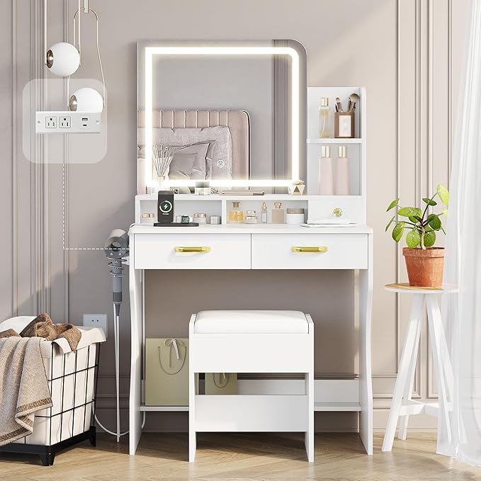 Whalefall Vanity Desk with Mirror and Lights, 31'' Wide Makeup Table with Power Outlets and Chair, 3 Lighting Modes & Adjustable Brightness, Storage Drawer & Open Shelves, for Women Girls Bedroom