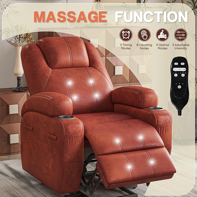 Electric Power Lift Recliner Chair with Massage for Elderly Corduroy Fabric Recliner Single Sofa with Cup Holders, Side Pockets and Remote Control for Living Room Bedroom (Leathaire, Brown)
