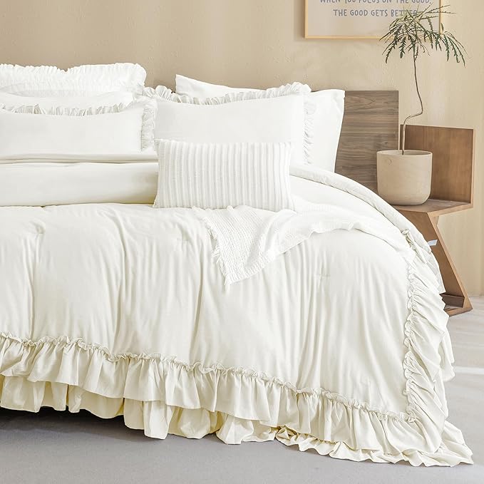 QSH Ruffled Comforter Queen Size, Shabby French Country Chic Bedding Ivory Comforter Sets, 3 Peices Farmhouse Lightweight Boho Comforter Set for Bed, Ultra Soft All Season Microfiber Fluffy Bedding