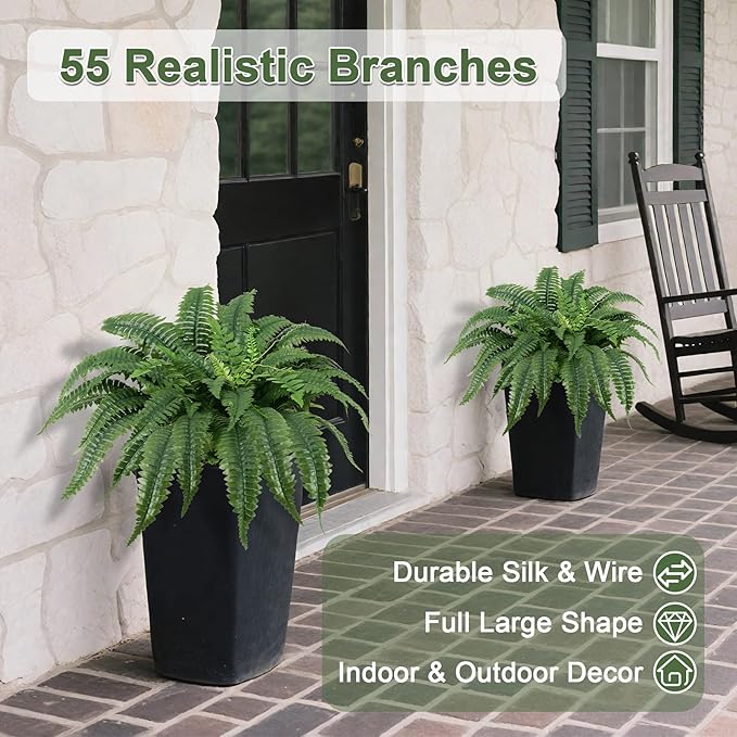 ALAGIRLS 45 Inch Artificial Boston Fern Bush with 55 Branches, Large Faux Ferns for Outdoors, Artificial Plants Suitable for Office & Living Room Decor, UV-Resistant（Pot is not Included）