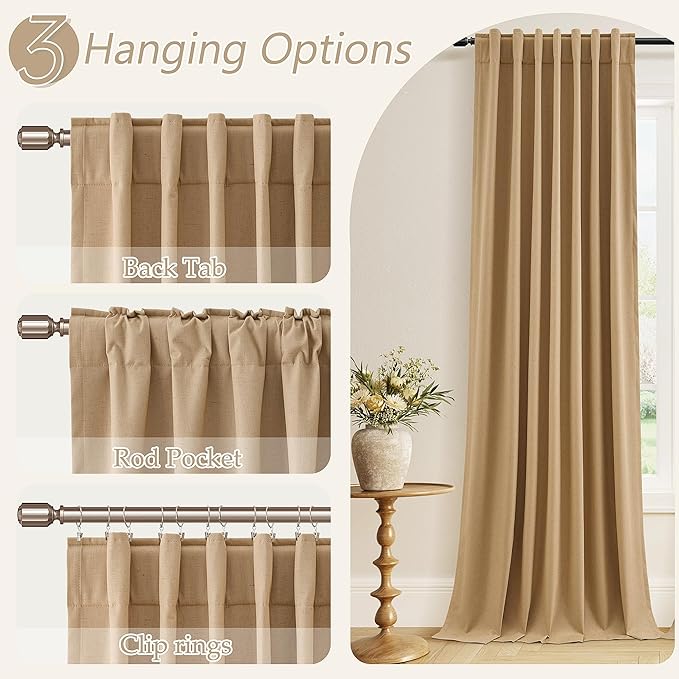 Guken 100% Blackout Linen Curtains 96 Inch Length 2 Panels Set for Living Room Bedroom Back Tab Thermal Insulated Black Out Linen Drapes Room Darkening Window Curtains,Camel Brown