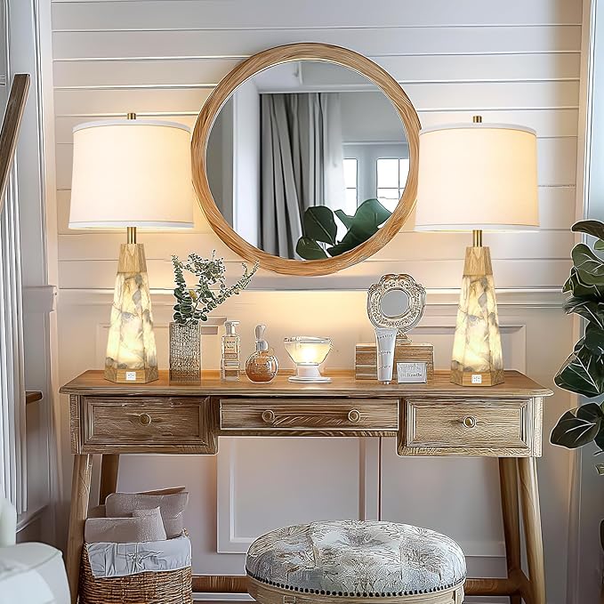 27" Natural Alabaster And Real Wood Table Lamp Set of 2 With Night Light Nightstand Lamps With USB Ports White Linen Fabric Shade Bedside Lamp Decor For Living Room Bedroom Home Office Hotel Bar House