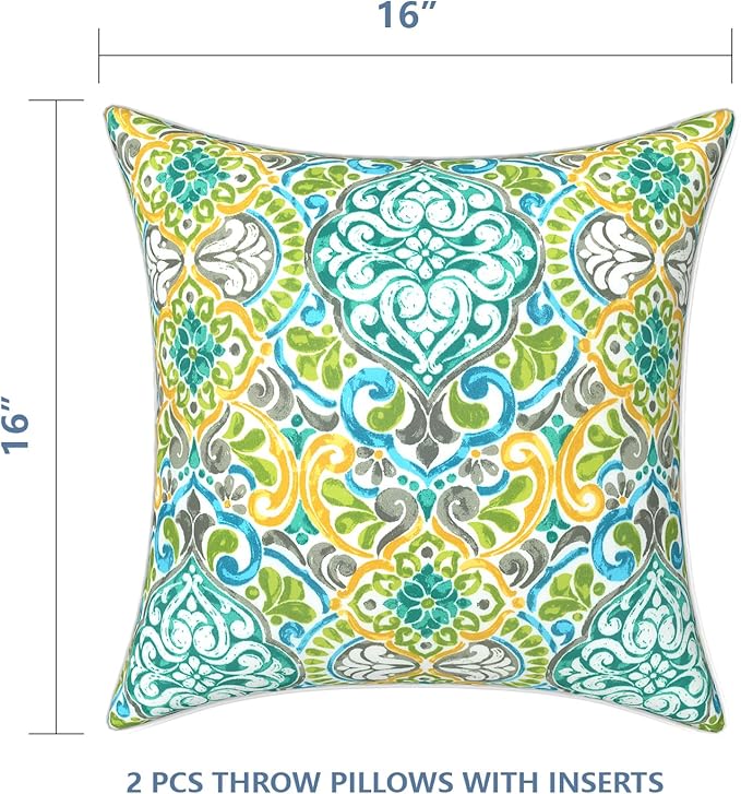 LVTXIII Outdoor/Indoor Throw Pillows, Decorative Patio Accent Pillows, Fluffy Water Repellent Garden Cushions for Home Patio Coach Sofa Use, 16×16 Inch, Pack of 2, Damask Green