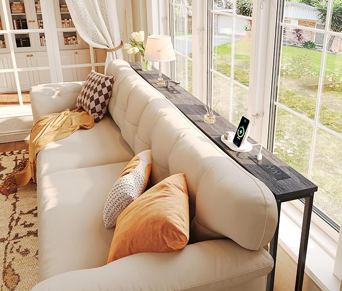 SUPERJARE 78.8 Inch Narrow Console Table with Outlet, Sofa Table Set of 2, Behind Couch Table, Long Entryway Tables with Charging Station, for Living Room, Charcoal Gray