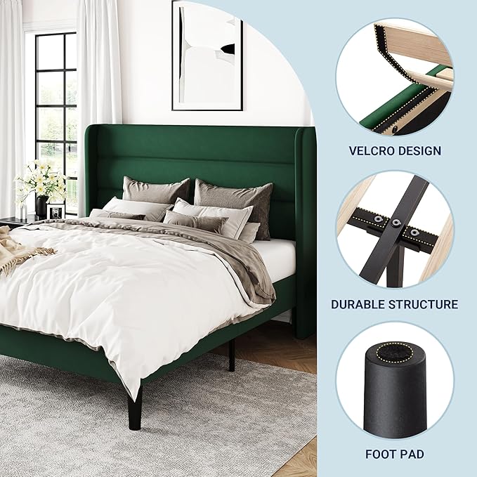 Allewie Queen Size Platform Bed Frame with Velvet Upholstered Wingback Headboard, No Box Spring Needed, Under Bed Storage Space, Strong Wooden Slats, Modern Mattress Foundation, Easy Assembly, Green