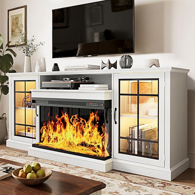 MXV 70'' Fireplace TV Stand, Farmhouse Entertainment Center with 3 Sided Glass TV Stand, Modern Media Console Table with Storage Drawers & Cabinets with LED Flame and Lights for Living Room, White