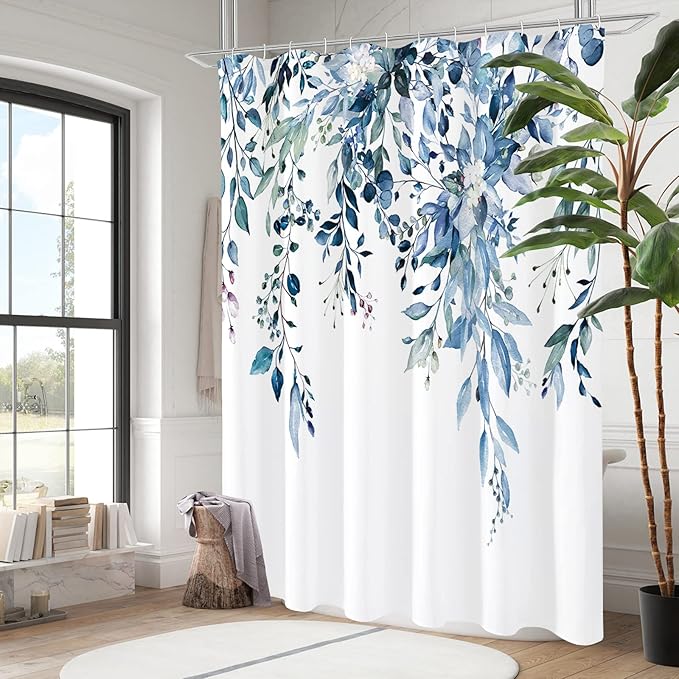 Gibelle Extra Long Shower Curtain 72 x 84, Blue Floral Shower Curtain for Bathroom, Watercolor Plant Eucalyptus Leaves Fabric Shower Curtain Set with Hooks