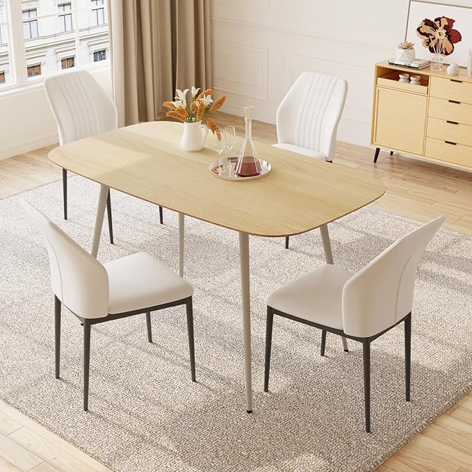 47.2'' Dining Table Set for 4,Modern Wood Dining Table,Leather Dining Chairs 4,Table and Chairs Set of 4,Ideal for Kitchen Dining Room (Cat Scratch Table + 4 White Chairs, 47.2")