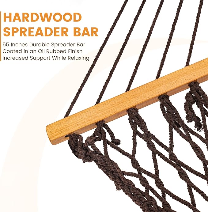 Lazy Daze Hammocks Double Rope Hammock, 2 Person Traditional Outdoor Hand Woven Cotton Rope Hammock with Spreader Bar, Chains, Tree Straps for Patio Yard - Max 450 Lbs, Dark Brown
