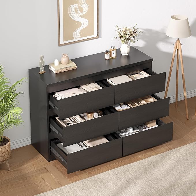 Black 6 Drawer Dresser for Bedroom, 15.3" D x 47.2" W x 32.3" H in Simply Modern Chest of Drawers, Wood Storage Double Dresser with Deep Drawers for Living Room, Hallway Entryway, Black