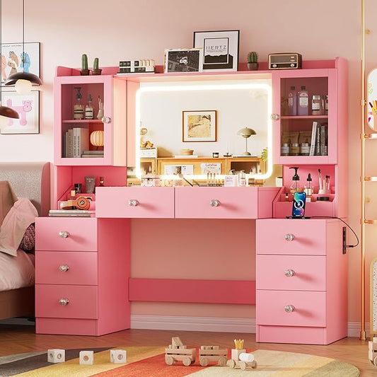 PAKASEPT 55.1" Large Vanity Desk with Mirror and Lights, Makeup Vanity with Power Outlet and 8 Drawers, 3 Lighting Modes Adjustable Vanity Table for Girl Women (Pink)