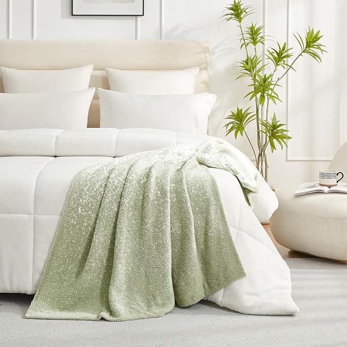 Snuggle Sac Sage Green Bedding Blanket Twin Size for Bed and Sofa, Reversible Super Soft Warm Cozy Knit Blankets Fuzzy Plush, Ombre Green, 60x80 inches