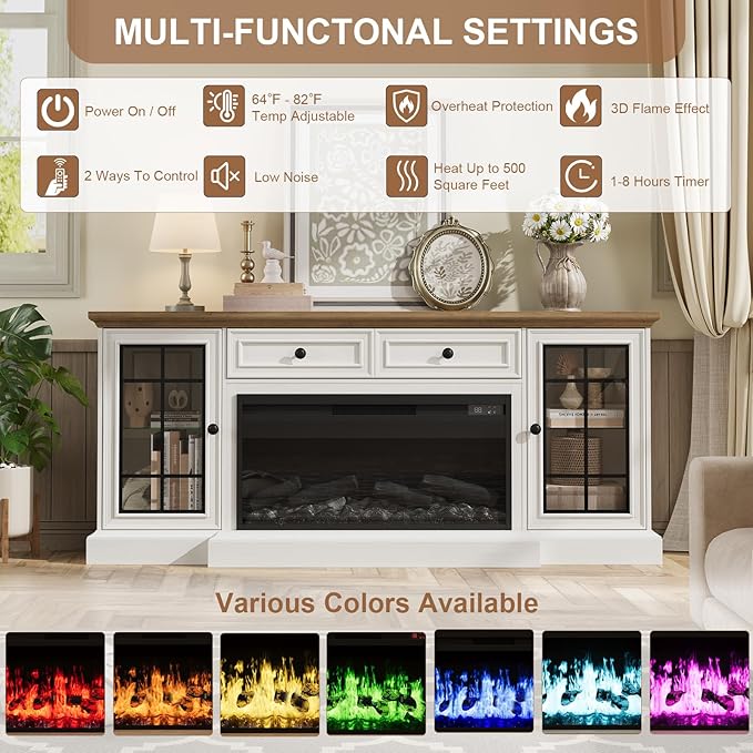 Fireplace TV Stand Up to 80" TVs, 70'' Modern Entertainment Center with 36" Electric Fireplace & LED Lights, Farmhouse Media Console with Storage Cabinet & Drawer for Living Room, Antique White