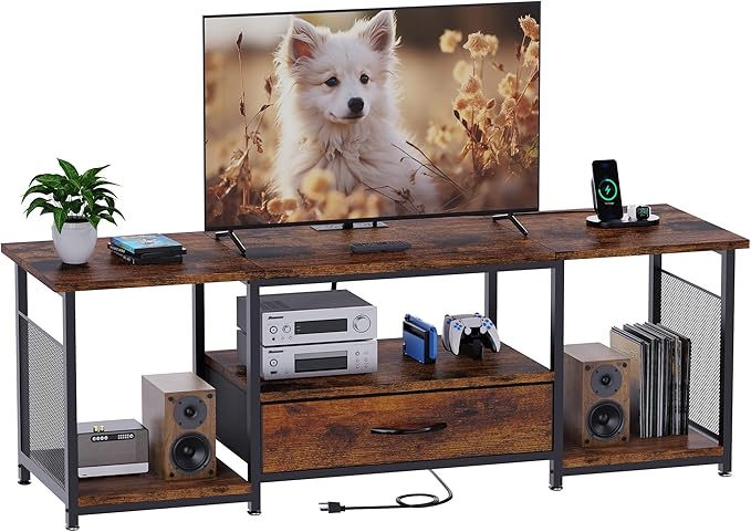 TV Stand with Drawers and Power Outlet for 65 60 55 Inch TV, Entertainment Center with Open Storage Shelves, Industrial Media TV Console Table for Living Room Bedroom Office, Rustic Brown
