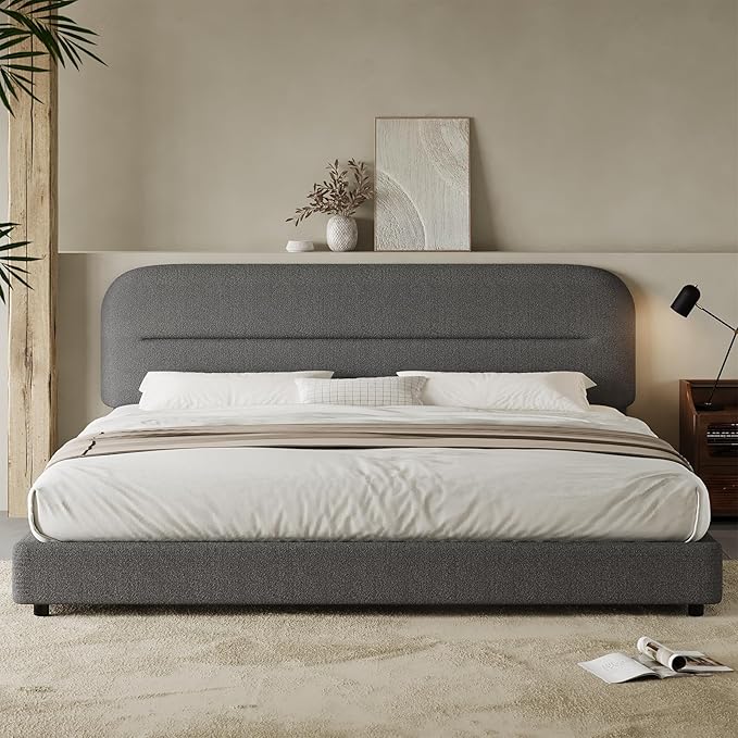 King Size Bed Frame, Boucle Upholstered Bed Frames and Headboard, Soft Bed Frame King with Thickened Footboard, Rounded Corners, No Box Spring Needed, Easy Assembly, Grey
