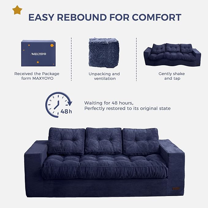 MAXYOYO 3 Seater Couch for Living Room, Boneless Couch with Tufted Cushion & Backrest, Upholstered Floor Sofa with Armrests, Sofa in A Box, No Assembly Required, Navy