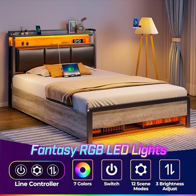 Rolanstar Bed Frame Twin Size with Charging Station and LED Lights, Upholstered Storage Headboard with Drawers, Heavy Duty Metal Slats, No Box Spring Needed, Easy Assembly, Vintage Grey and Black