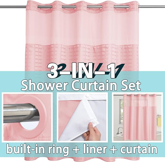 Conbo Mio No Hook Shower Curtain with Snap in Liner Set, Hotel Luxury Pink Shower Curtains for Bathroom with See Through Top Window, Waterproof, Washable 71W x 74H