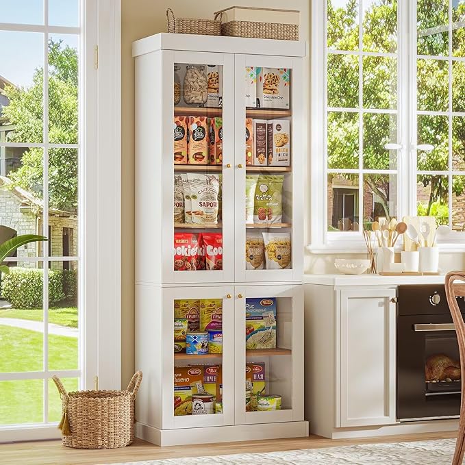 Vyre 70.8" Tall Farmhouse Bookshelf, Modular Bookcase with Glass Doors, 6-Tier Adjustable Shelves, Large Storage Cabinet for Kitchen, Living Room, White, Set of 3