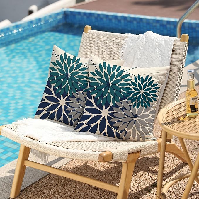DFXSZ Outdoor Pillow Covers 20x20 Inch Set of 2 Dark Blue Grey Flower Decorative Waterproof Summer Outdoor Pillow Covers for Patio Funiture Garden Couch 168L20